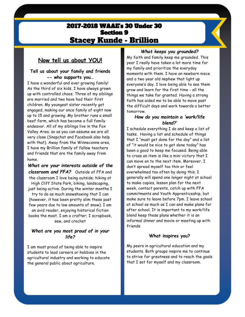 30 Under 30: Stacey Kunde always has a big, contagious smile! She has really "dug in" and made Brillion Ag Ed &amp; FFA her own! Great job, Stacey! #WAAEBeyondtheClassroom
