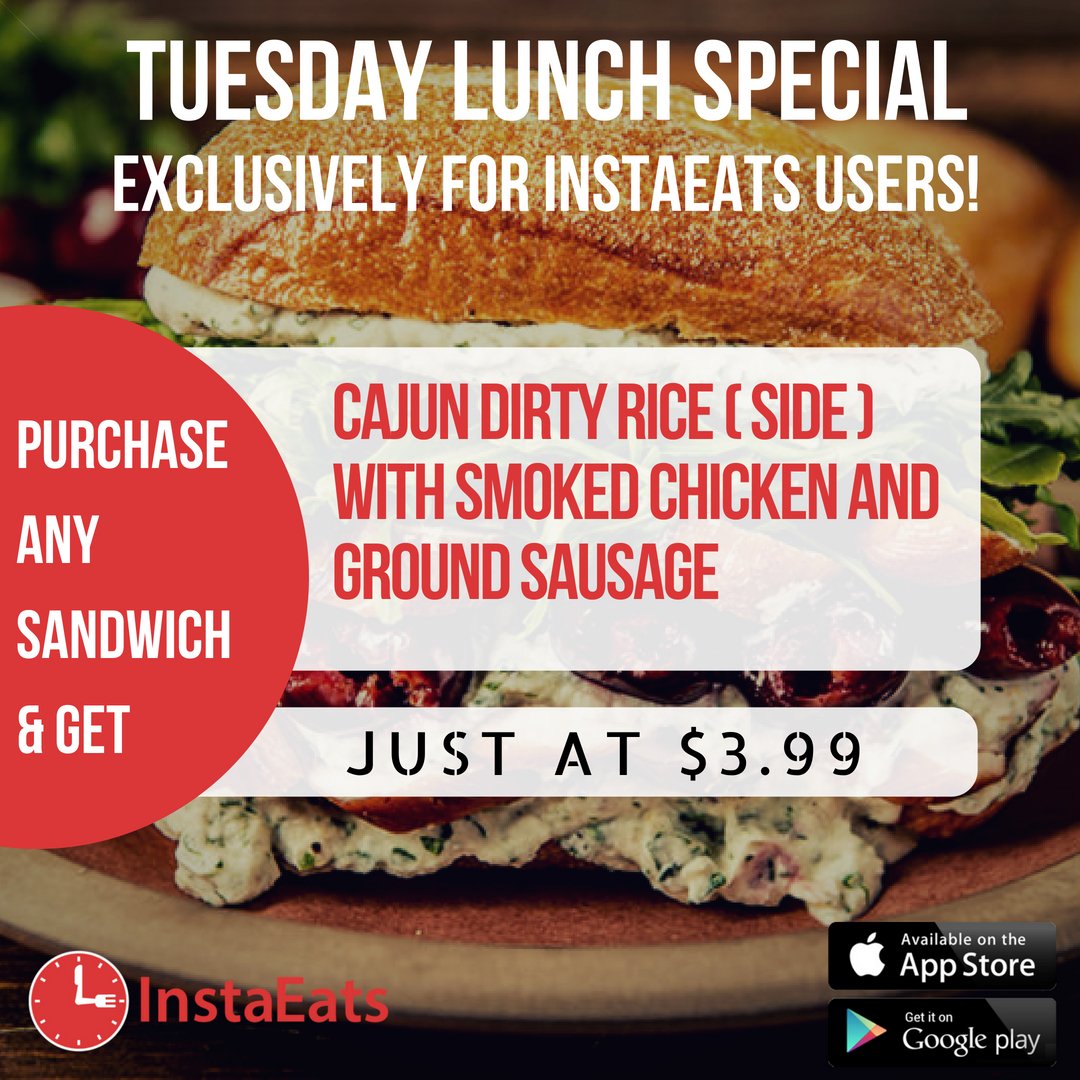instaeatsapp's tweet photo. Tuesday Lunch Special, exclusively for #InstaEats Users! Purchase any Sandwich &amp; Get Cajun Dirty Rice (Side) with Smoked Chicken and Ground Sausage Just at $3.99.
Visit : https://t.co/ME6NVbjVRq
#foodpic #foodography #foodpassion #torontofood #torontofoodie #eattoronto #instafood https://t.co/JUYOcS6G4D