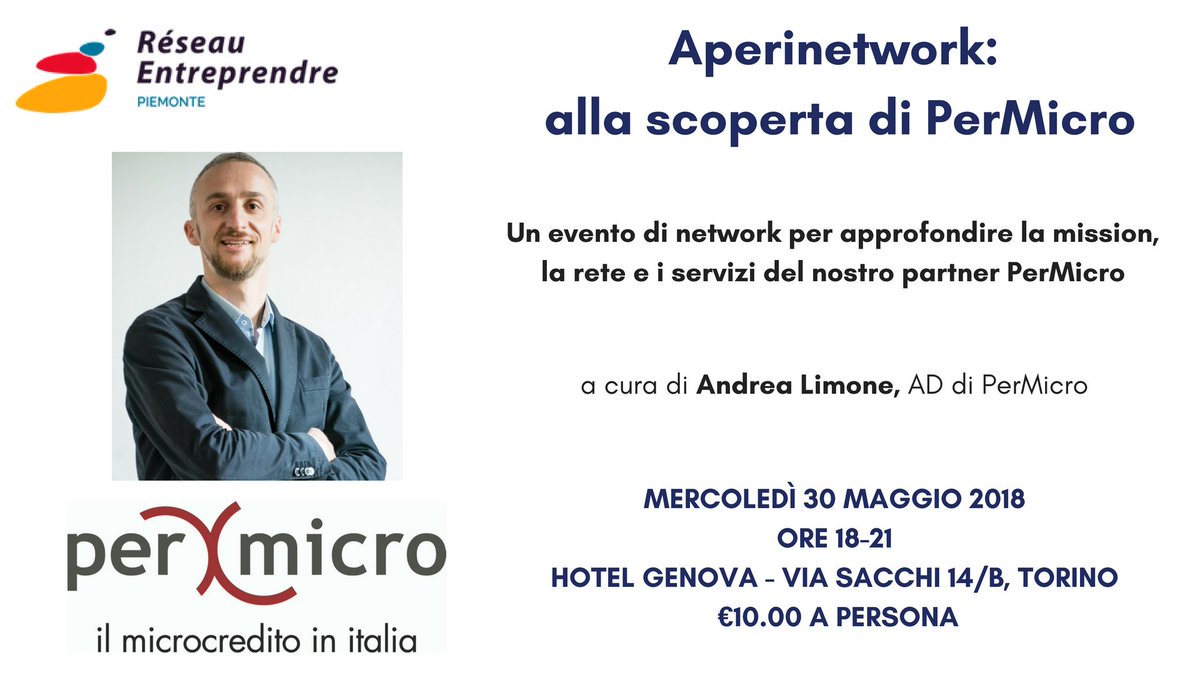 Re_Piemonte's tweet photo. 👉Réseau Entreprendre Piemonte vi invita all'#aperinetwork "Alla scoperta di PerMicro". L'evento è a cura di @Limone_PerMicro , AD di @PerMicro_ .
Vi aspettiamo mercoledì 30 MAGGIO a partire dalle 18 presso il @BWHotelGenova !
#stayREP https://t.co/Cks9wsks66