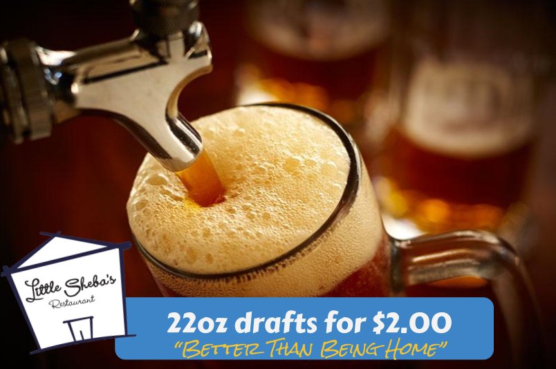 22oz drafts for $2.00 all day today. Join us inside or outside, where's both are #betterthanbeinghome