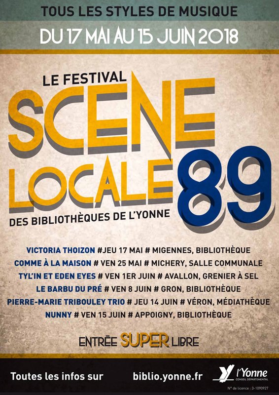 🎶La 1ère édition du #festival musical Scène locale 89 débutera ce jeudi 17 mai à #Migennes. Au programme jusqu'au 15 juin 6 #concerts à #Michery #Avallon #Gron #Véron et #Appoigny. Spectacles gratuits offerts par la Bibliothèque départementale de l'#Yonne bit.ly/2IiT9Rr