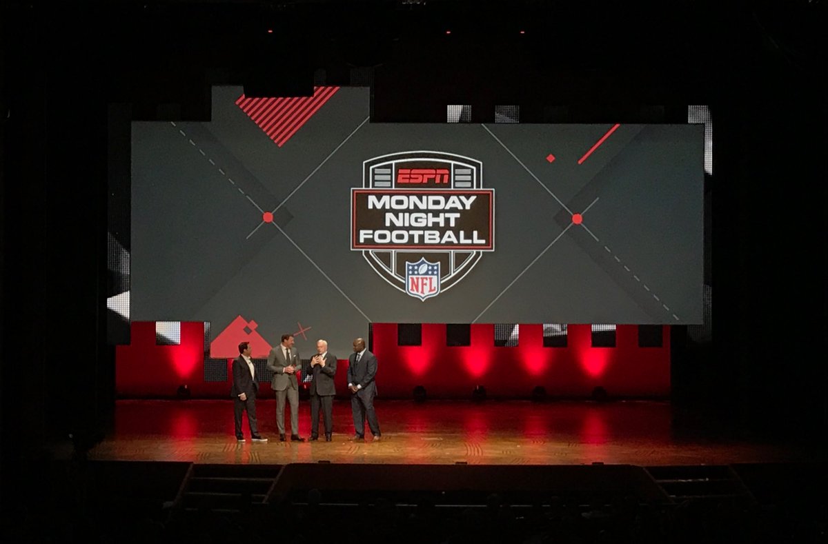 bhofheimer_espn's tweet photo. First public appearance for our brand new ESPN #MNF team: Joe Tessitore @JasonWitten and @ESPNBooger joined on stage by special guest, @dallascowboys owner Jerry Jones. #ESPNUpfront https://t.co/xJE5NFv9bi