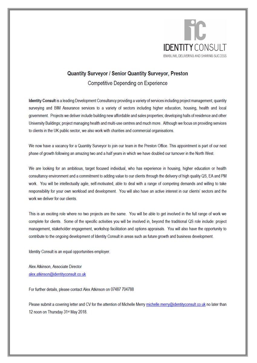 IdentityConsult's tweet photo. We are recruiting! We are looking for a Quantity Surveyor to join our Preston Office, for full details see the attached advert #QS #Recruiting https://t.co/uV6yhXouOY