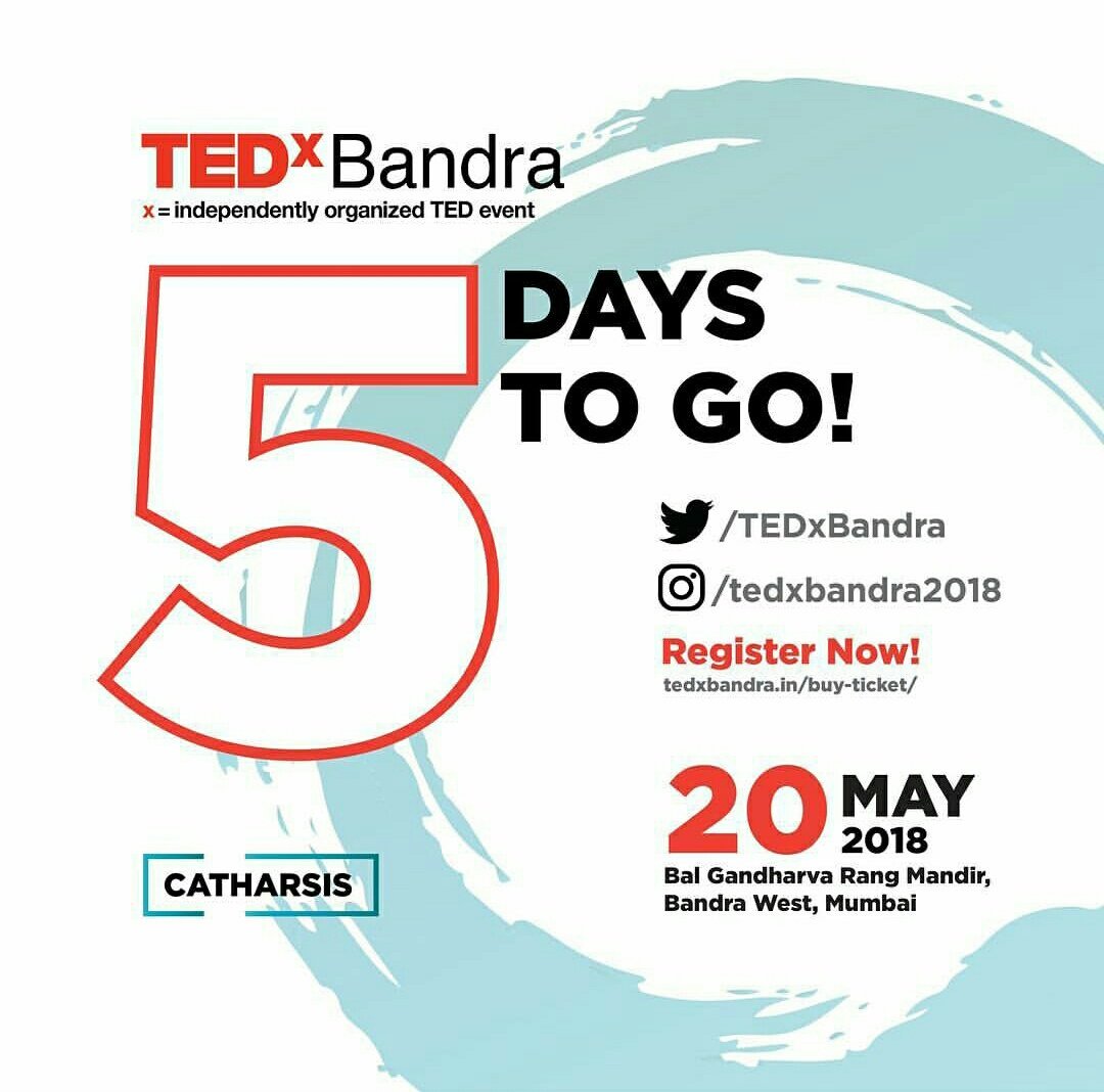 TEDxBandra's tweet photo. 5 days to go for the conference. 20 speakers and performances will make your Sunday a memorable one. 
#TEDxBandra #TEDTalks #TEDx #TED #TEDIndia  #TEDxBandra2018 #TEDxBandra2017 #Catharsis #TEDconference #Bandra #Inspire https://t.co/bE67XqcrDI