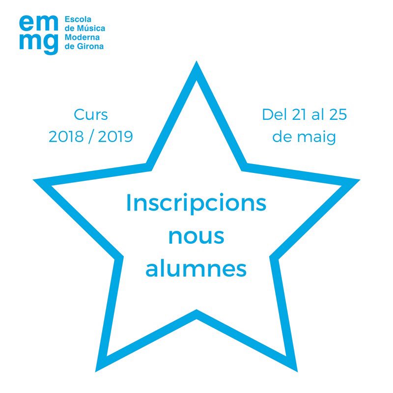 ‼️ Període d’inscripcions per a nous alumnes curs 2018 / 2019 ‼️
• Del 21 al 25 de maig
• Horari secretaria ➡️ Dimarts-divendres d’11h a 14h. Dilluns-Divendres de 17h a 20h.
• + info a emmg.info / emmg@emmg.info
• Telèfon d’atenció al públic: 972 66 48 30