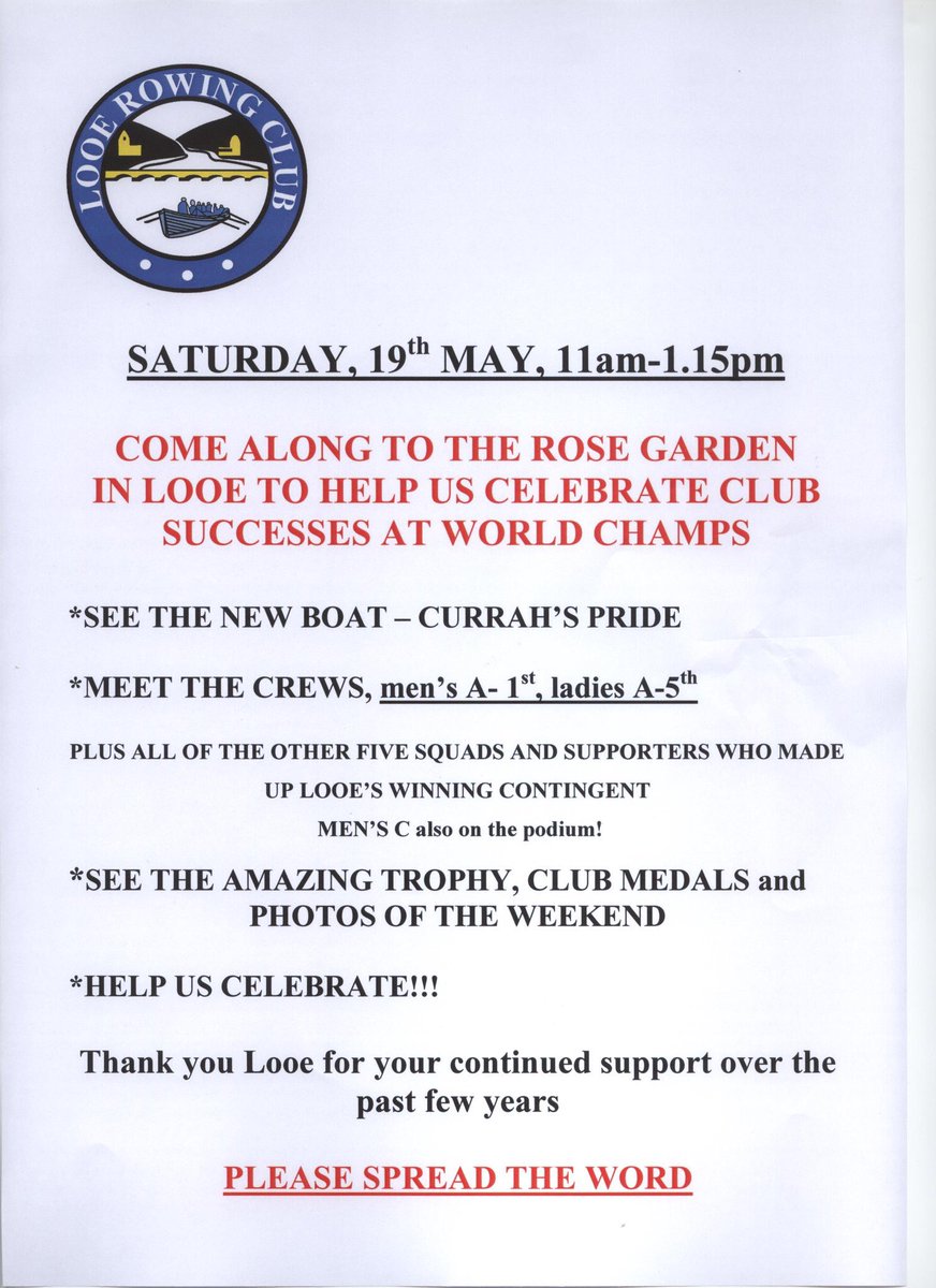 We couldn’t afford an open top bus parade around Looe. So this is the next best thing. Come meet the all our super crews, see Currah’s Pride in all her World Champion glory and see the World Champions Men’s trophy.

We’d like to invite everyone in Looe so come on down! #champions