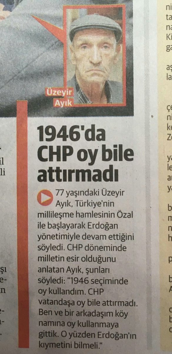 say_cem's tweet photo. Yeni Şafak'ın 77 yaşındaki adama "1946'da (5 yaşındayken) oy kullandım" dedirttiği "haber"i beni şaşırtmadı; sonuçta Noam Chomsky'yle röportaj uydurup Google Çeviri'nin "sütliman" kelimesini "milk port" diye tercüme ettiği metni de "bakın orijinali" diye savunmuş bir "gazete". https://t.co/eBwGeHvI1a