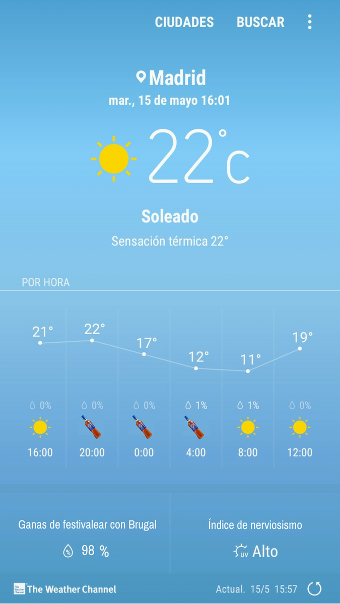 alebdq's tweet photo. Parece que la previsión para #SanIsidro2018 viene movidita.. a disfrutar de este tiempazo! 😎😎 #AlBuenTiempoMejorCara #FestMasters #FestivaleandoConBrugal @RonBrugal_ES https://t.co/LeoEWct9Kh