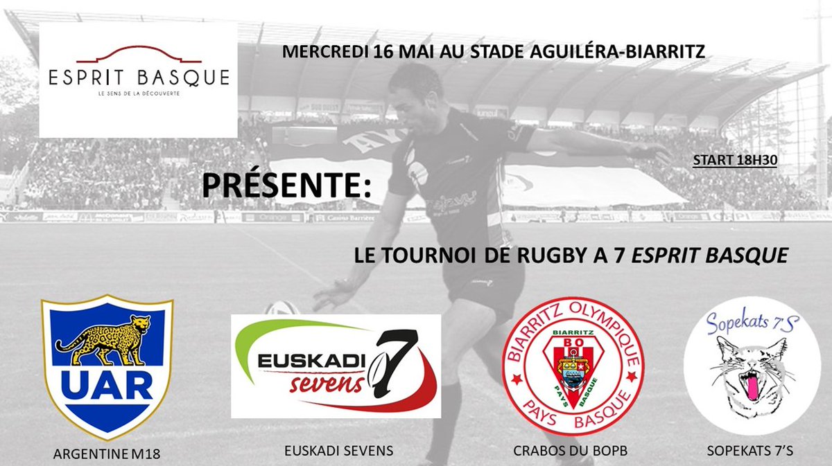 EspritBasque's tweet photo. Nous sommes fiers d'organiser le tournoi "Rugby à 7 ESPRIT BASQUE", accompagné par @EuskadiSevens @BOPBweb @unionargentina et Sopekats 7's 🏉🏉🏉
#espritrugby #espritbasque #rugby7s #tournoirugby #biarritz #aguilera https://t.co/TK09BDPaNp