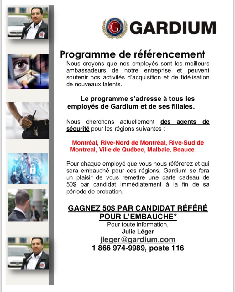 GardiumSecurite's tweet photo. Avis à tous nos employés!! Programme de référencement! https://t.co/tvCgEH0D1b