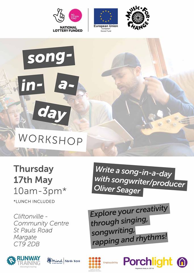 music4changeuk's tweet photo. This Thursday we are running a free Song in a day workshop with @Porchlight1974 Aspirations service and Music for Change artist Oliver Seager at Cliftonville Community Centre #MentalHealthAwarenessWeek https://t.co/S2qJNJPdQo