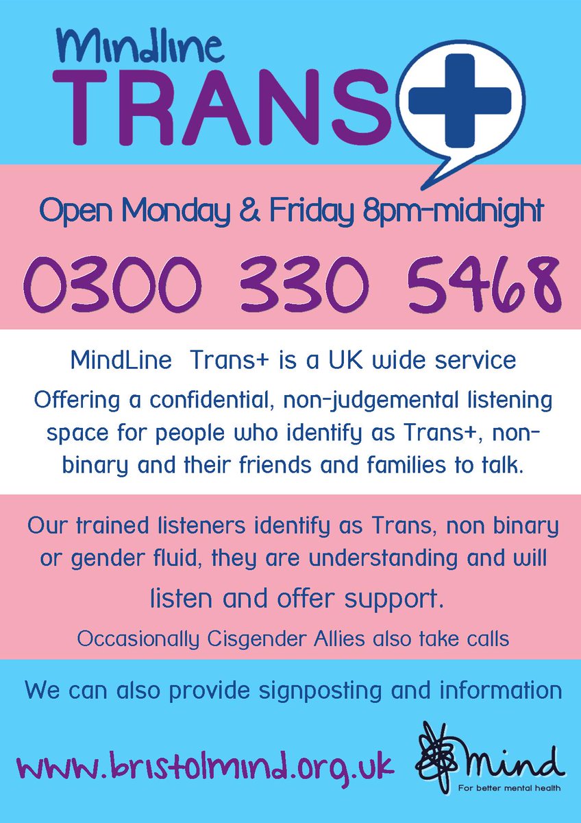 MindlineTrans's tweet image. #MindLineTrans+ will be opne tonight and every Mon&amp;amp;Fri from 8pm-midnight. 
We are a UK wide service offering an emotional support line for people who identify as #trans #nonbinary #agender #genderfluid and their loved ones. 
Talk to us now on 0300 330 5468
