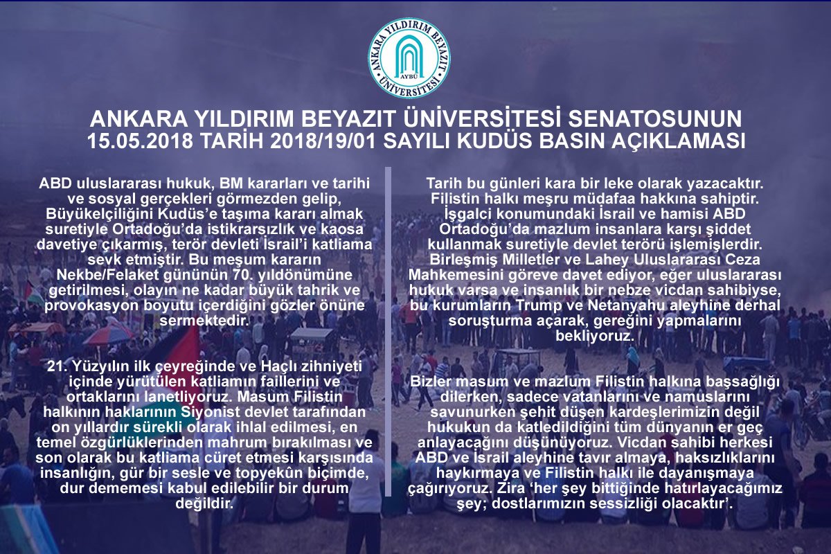 Üniversitemiz Senatosu’nun Kudüs Saldırısı İle İlgili 6 Dilde Basın Açıklaması
basin.ybu.edu.tr/?p=26282
#ÜretenDevletÜniversitesiAYBÜ
<a href="/drMetinDogan/">Prof.Dr.Metin Doğan</a> @RT_Erdogan <a href="/hasandogan/">Hasan Doğan</a> <a href="/usanfatih/">M. Fatih Uşan</a> <a href="/aricankazim/">Musa Kazım ARICAN</a> @aybunikonsey <a href="/anadoluajansi/">Anadolu Ajansı</a> <a href="/dhainternet/">Demirören Haber Ajansı</a> <a href="/Hurriyet/">Hürriyet.com.tr</a> <a href="/Haberturk/">Habertürk</a> <a href="/Haber7/">Haber 7</a>
