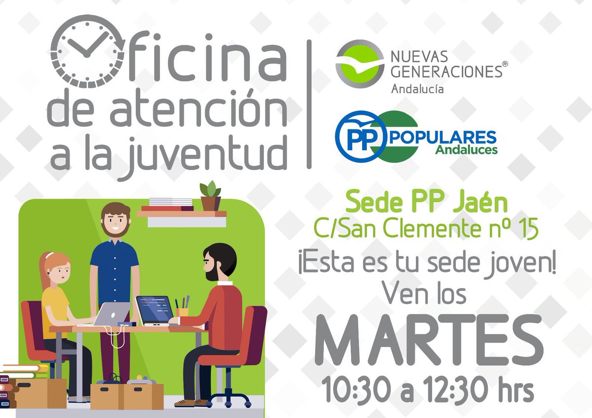 👬👫👭
Oficina de Atención a la Juventud 

🗓 Martes 
⏰ de 10h30 a 12h30
📍 Sede Provincial <a href="/pp_jaen/">PP Jaén</a> 

📲 Siempre estamos a tu disposición en nuestros perfiles de Twitter, Facebook e Instagram.

¡Esta es tu sede joven! 
No te cortes 😉❗️