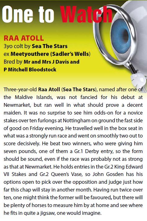 AgaKhanStuds's tweet photo. Raa Atoll by #SeaTheStars is the "One to Watch" in today's @bloodstocknews. This 3yo colt owned by the @Chinahorseclub won very nicely a Novice Stakes at Nottingham on his second start only. #Sireonfire #Promising3yo. https://t.co/KvzdRlMrRu