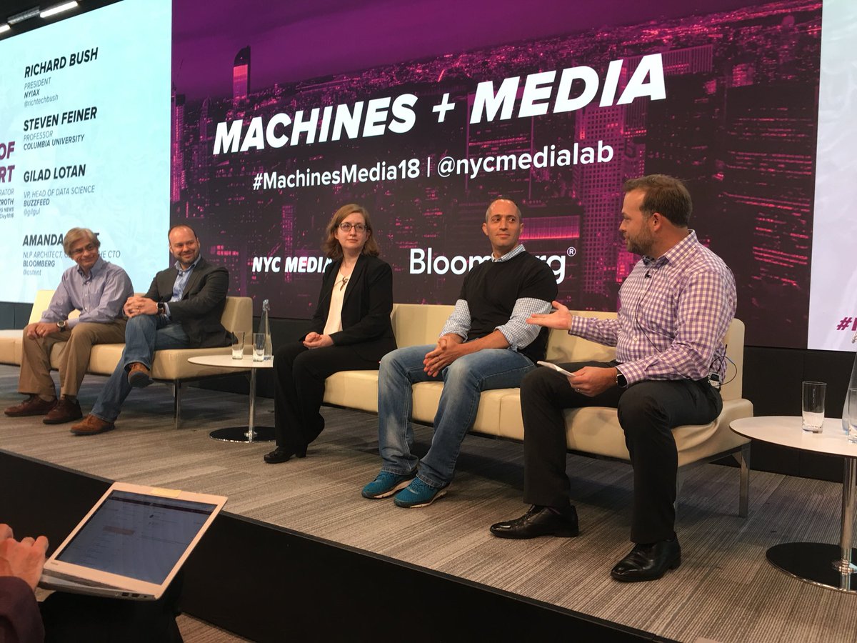 ITPalumni's tweet photo. State of the Art panel about #Blockchain, #AR, &amp; Natural Language Processing with @richtechbush, @Columbia prof Steve Feiner, @astent, and @ITP_NYU alum @gilgul #MachinesMedia18 https://t.co/IwZRMpPEeB