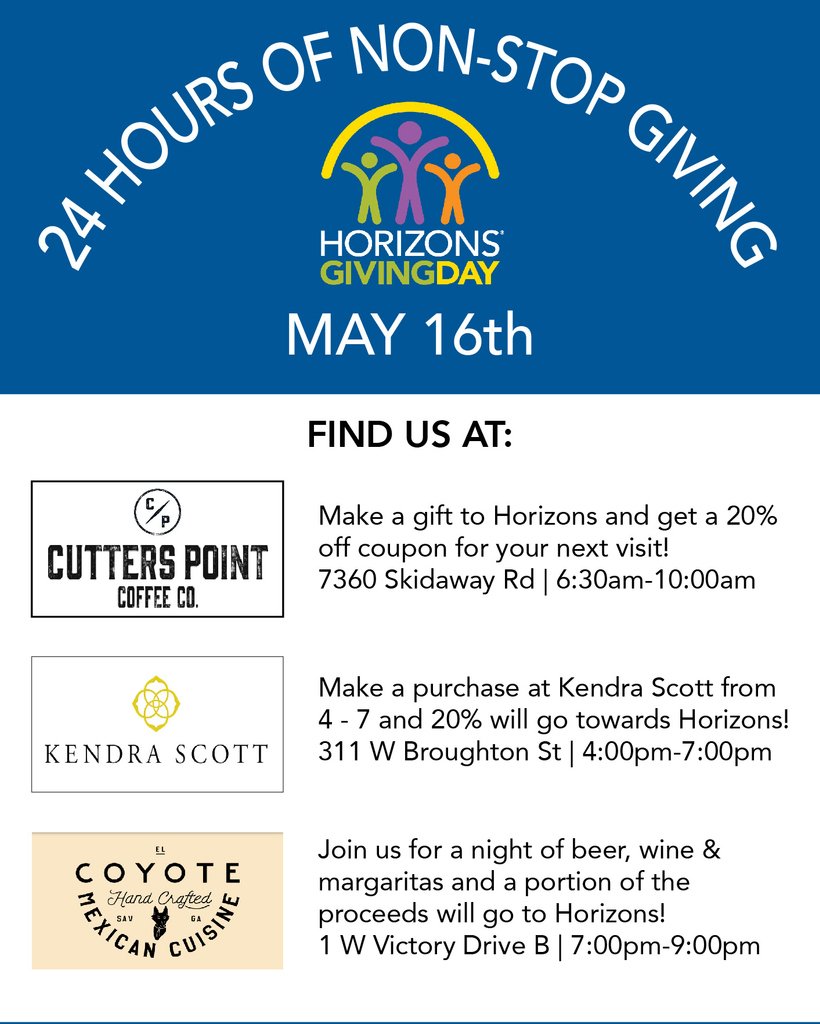 Reminder to come out to our awesome events tomorrow in the community! We can't wait to celebrate #HorizonsGivingDay with you! 

#WhattodoinSavannah #WhattodoSavannah #Savannah #Events #Savannahevents #food #shopping #KendraScott #coffee #discount #fundraise #give