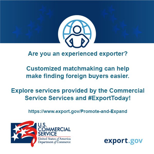 ExportGov's tweet photo. Experienced Exporters - #ExportingTips can guide you through the tough questions you may run into selling overseas! Explore CS services for customized matchmaking: https://t.co/k1ofIBpY0L #WorldTradeMonth https://t.co/rkOKIj2ATR