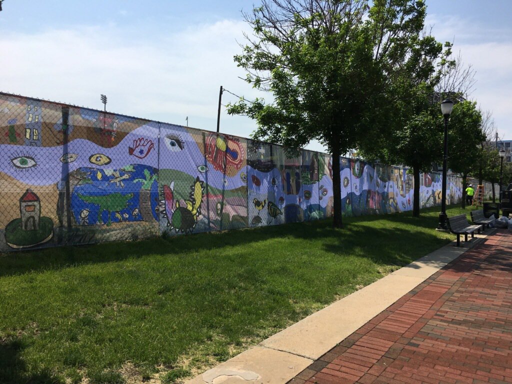 RCCA Carmen Pendleton installing Camden student murals with <a href="/LibPropTrust/">LibertyPropertyTrust</a>. Unveiling on May 18 on Camden Waterfront Pearl Street