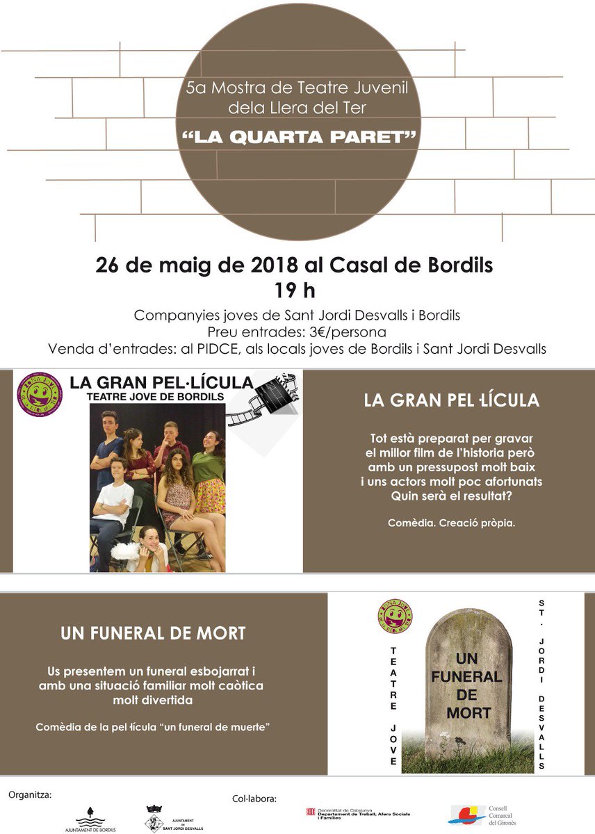 Els joves de Sant Jordi Desvalls actuaran a Bordils el 26 de maig a la 5a Mostra de teatre juvenil "La quarta paret"