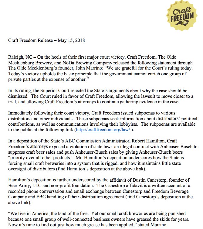 cl_charlotte's tweet image. Today, a Superior Court ruled in favor of allowing @CraftFreedomNC's lawsuit to continue. Here's our update on the lawsuit from last month:  clclt.com/charlotte/loca… Here's a statement from Craft Freedom released this afternoon that gives a little more context to today's decision