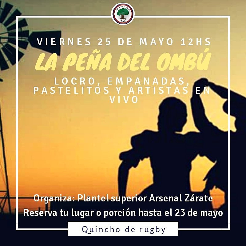 Se viene la peña del ombú! Encarga tu porción o vení a pasar un buen momento al quincho comiendo el locro del 25 con la familia del rugby de Zárate!

-Empanadas
-Locro
-Pastelitos
-Artistas en vivo

#Peña #Locro #25deMayo #Rugby #DaleOmbu #ArsenalZarateRugby