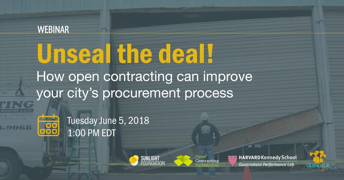 SunlightCities's tweet photo. Could open data help your city get more out of its contracting? Join us, @opencontracting, @HKSGovLab, and @GlendaleAZ for a webinar on June 5 all about it. https://t.co/j0HIfeg1mR https://t.co/kz9j6Q6Fk6