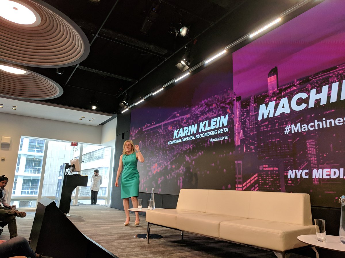 Old friends in (not so) new roles -- <a href="/karinklein/">Karin Klein</a> of <a href="/BloombergBeta/">Bloomberg Beta</a> moderating startup pitches addressing #ai, #storytelling, #MediaTagging, #MediaSearch, #MachineLearning, and @NewLab's <a href="/foamspace/">FOAM</a> on #Blockchain and #SpatialLocation,  at <a href="/Bloomberg/">Bloomberg</a> <a href="/nycmedialab/">NYC Media Lab</a> #MachinesMedia18