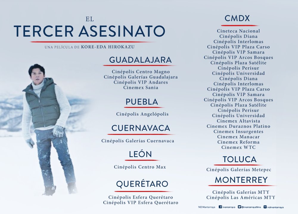 mantarrayafilms's tweet photo. @CineUPMX ya tenemos la lista de ciudades y cines para el estreno de #ElTercerAsesinato  ⬇️⬇️⬇️
¿Podrías ayudarnos con un RT? https://t.co/T8BgMFwwje
