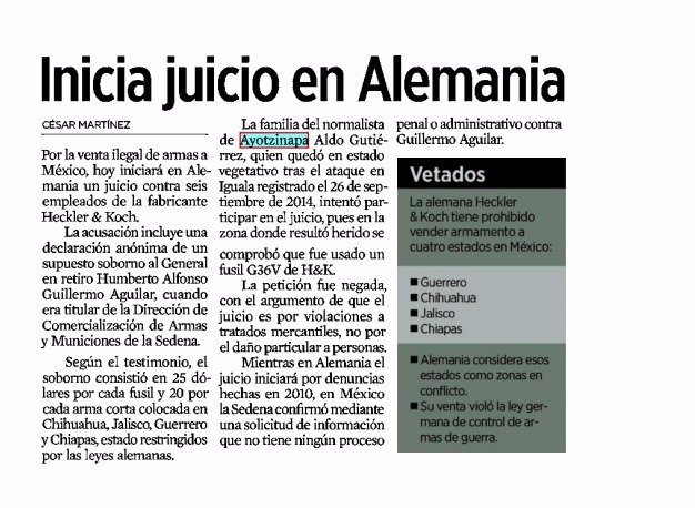 #Ayotzinapa
Inicia en Alemania juicio por venta ilegal de armas a México usadas en ataque contra normalistas de Ayotzinapa. Allá la corrupción tiene consecuencias, en nuestro país no.
Puedes leer la nota de reforma.com en bit.ly/2IhhGWN