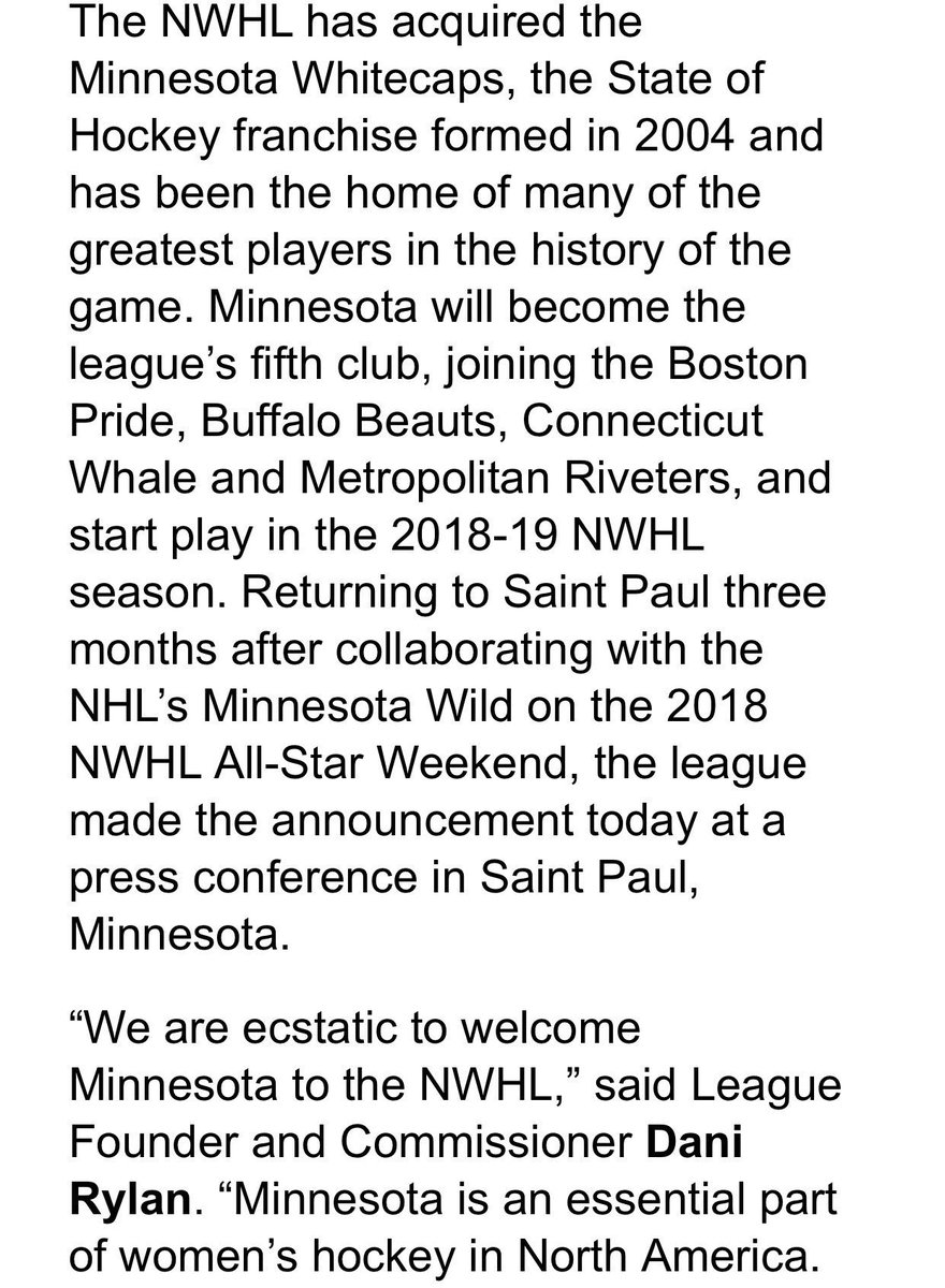 elindsay08's tweet photo. The @NWHL has acquired the @WhitecapsHockey. They will join the #Founding4 teams for the 2018-19 season.
The Whitecaps are the fifth team in the league and the first-ever expansion team. https://t.co/6rKQXPq66T
