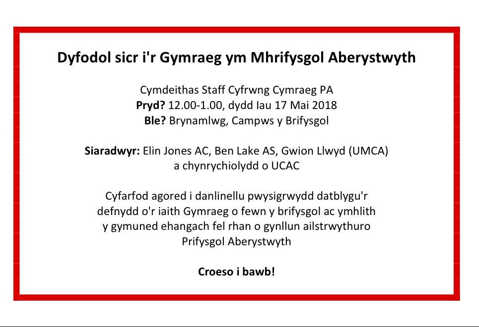 Cyfarfod agored gan <a href="/PA_Cymraeg/">Staff Cymraeg Aber</a> i danlinellu'r angen i hybu'r Gymraeg fel rhan o gynllun ailstrwythuro Prifysgol Aberystwyth. 
Dydd Iau, 12pm, Brynamlwg.