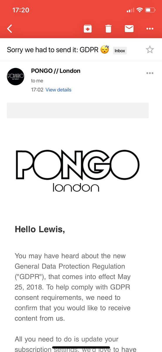 Love the honest approach from @pongo_london re. #gdpr 😴- actually the only one of these I’ve bothered to respond to! Chapeau @pongo_london ! 👌🏽