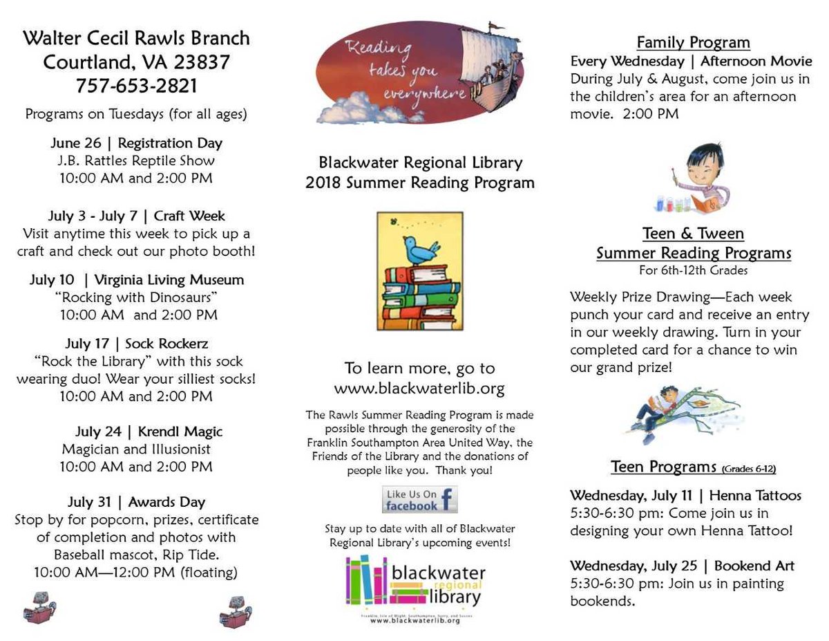 blackwaterlib9's tweet photo. Here's all the #SummerReadingPrograms for the Courtland and Franklin branches!  @FCPS_VA @spmva @Cover3Football @fsaunitedway @SCPS_Division @TidewaterNews   #BRL9 https://t.co/PkskXUGd5o