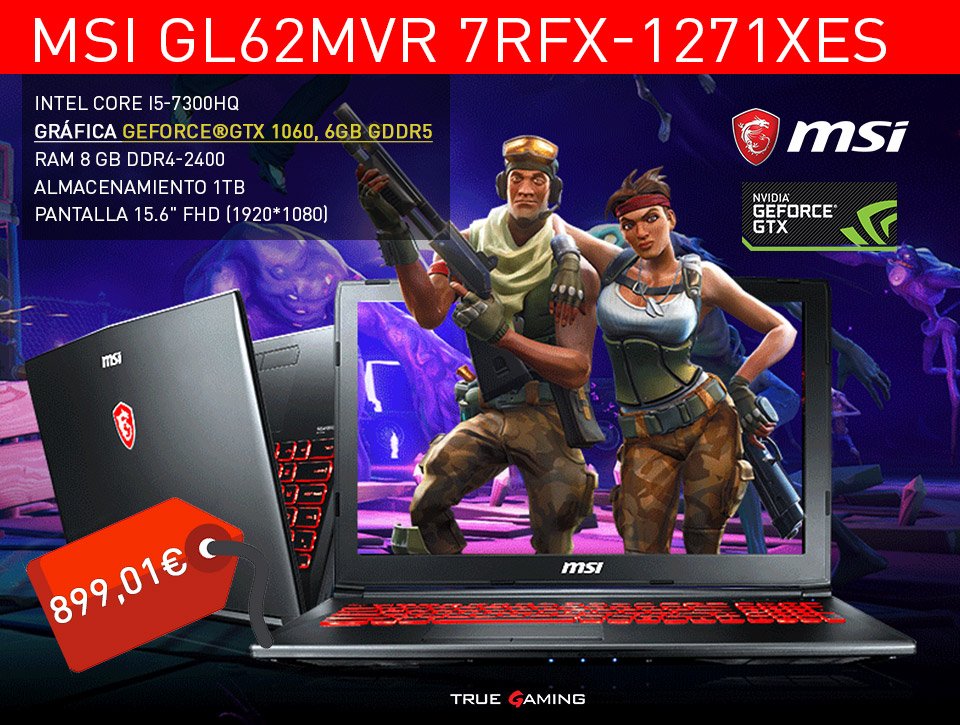 MSI_ES's tweet photo. ¿Alguien decía OFERTAZO? 😱😱

Llévate un pedazo de portátil MSI GL62MVR con una @NVIDIAGeForceES GTX 1060 de 6GB a un precio increíble, ya no hay excusas para disfrutar del mejor rendimiento.

🛒https://t.co/c3dkzF3t0e https://t.co/xuZrND23cG