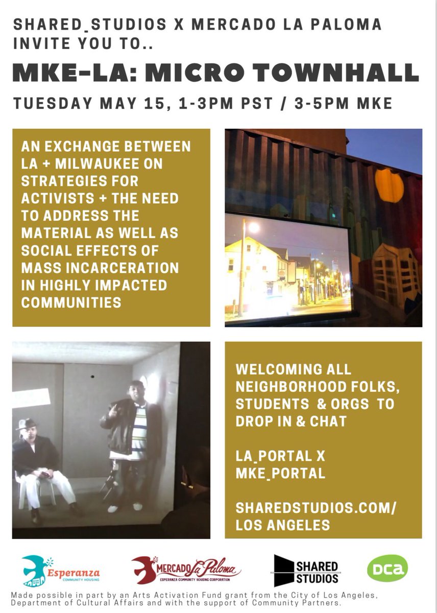EsperanzaCHC's tweet photo. TODAY at 1PM meet us at #LAPortal (outside of @mercadolapaloma) for an open conversation with #MilwaukeePortal on the social effects of mass incarceration in highly impacted communities. @SharedStudios #Esperanza4SouthLA #SharedStudios https://t.co/r40ZxaJ4t3
