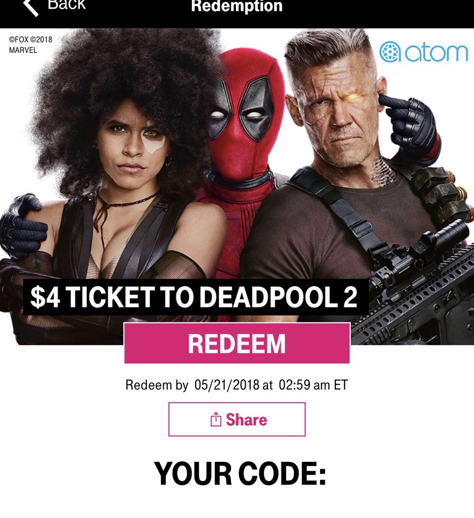 Jfuentes49's tweet photo. Got my #tmobiletuesday $4 movie ticket for #Deadpool2. Did you? https://t.co/C5MklwpcSq