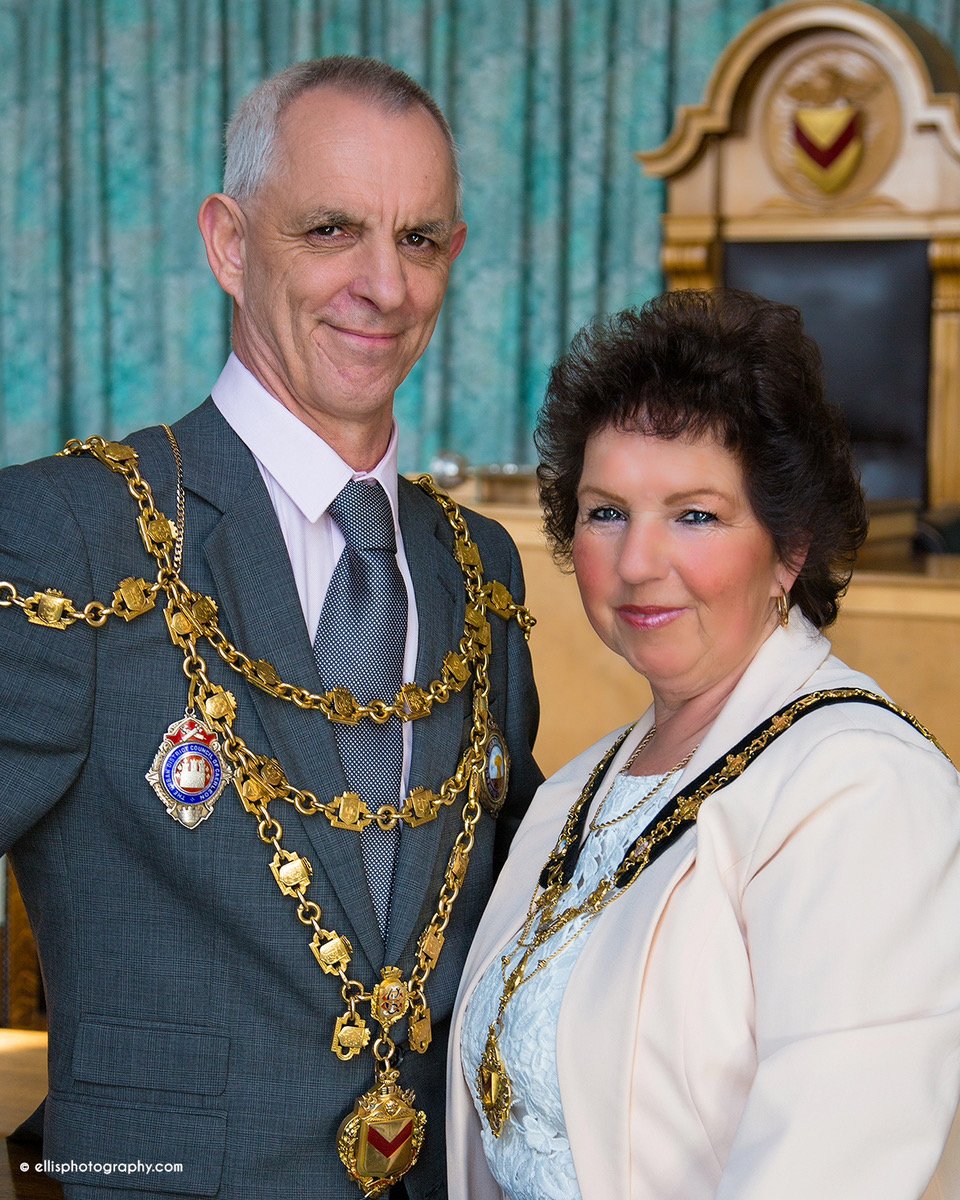 NewportCouncil's tweet photo. Councillor Malcolm Linton is Newport’s latest first citizen and Mrs Sharon Linton took on the chains of Mayoress today. They took over from last year’s Mayor Cllr David Fouweather and Mayoress Paula Fouweather. Cllr Philip Hourihane and wife Merille are Deputy Mayor and Mayoress. https://t.co/7CvR26usIc