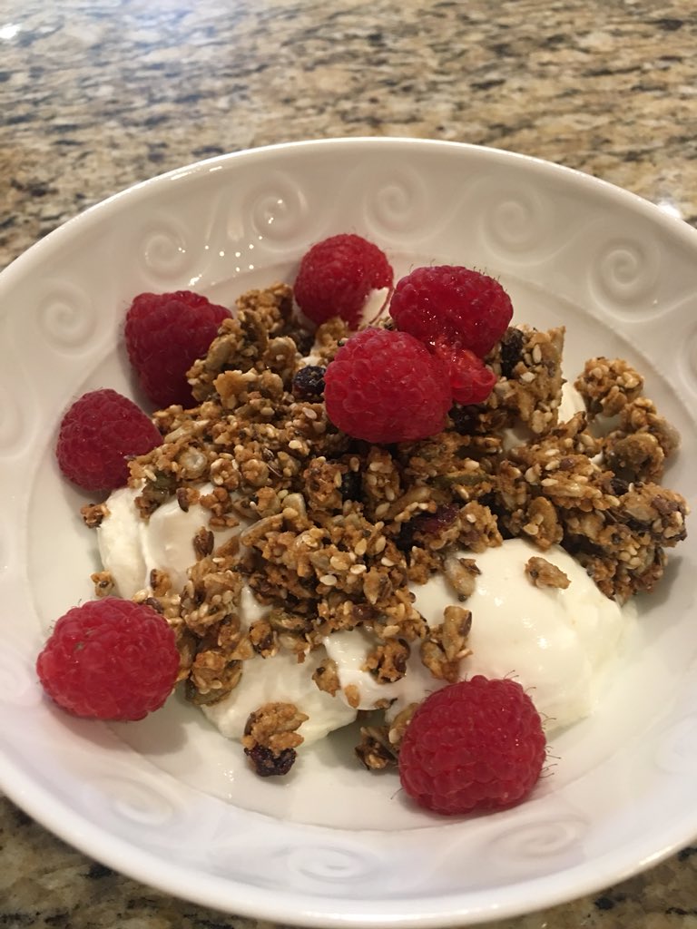Rise and shine. Seeking substance today, no fluff, lots of productivity- you are how you eat - opt for simple, clean, healthy, textured quality over quantity... yogurt, granola, raspberries. #Foodology #youarehowyoueat