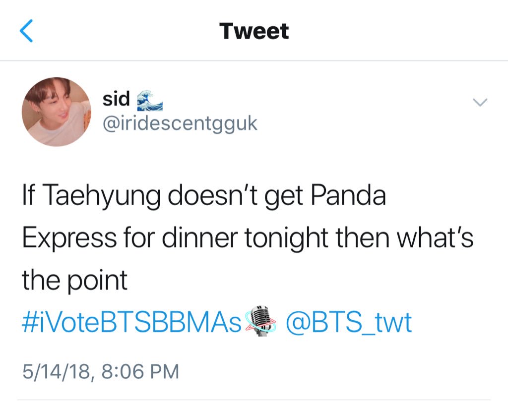 iridescentseoul's tweet photo. PANDA EXPRESS ACTUALLY LIKED MY TWEET ABOUT TAEHYUNG I’M SCREAMING
#iVoteBTSBBMAs @BTS_twt https://t.co/IJGM0ZuPUc