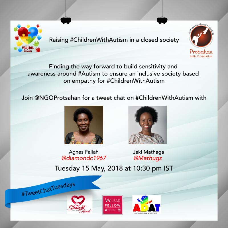 NGOProtsahan's tweet image. We'll begin #TweetchatTuesday in less than 10 mins with @Mathugz and @diamondc1967 to talk about raising #ChildrenWithAutism in #DevelopingCountries. Join Us