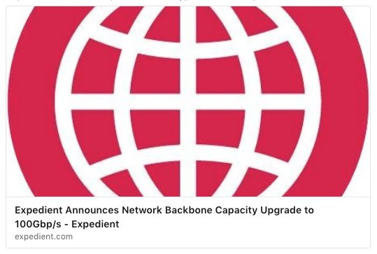 Expedient's tweet photo. We're rapidly nearing completion of our 100G network backbone upgrade to support our customers' replication and multi-cloud connectivity demands. Read more >> https://t.co/9dehKjCWF2 https://t.co/coIK4W7pBh