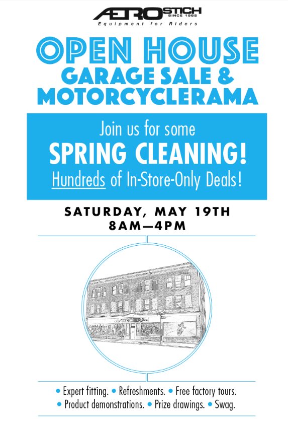 AerostichDesign's tweet photo. Ready for some AMAZING Spring Cleaning Deals?! One Day only, May 19th - 8am to 4pm at the Aerostich Factory - 8 South 18th Ave W., Duluth, MN #RideHere #Sale https://t.co/ykazz8MYVa