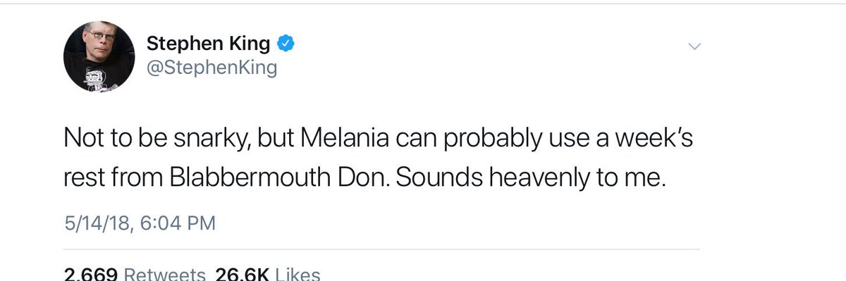 mandymendez90's tweet photo. First Stephen King called the GOP train crash “karma”, now he pokes fun at Melania Trump’s surgery. 
Dear Mr. King, your next book should be titled “Demented, an Autobiography”
SHAME ON YOU @StephenKing @realDonaldTrump @FLOTUS https://t.co/F1WyP1SA3r