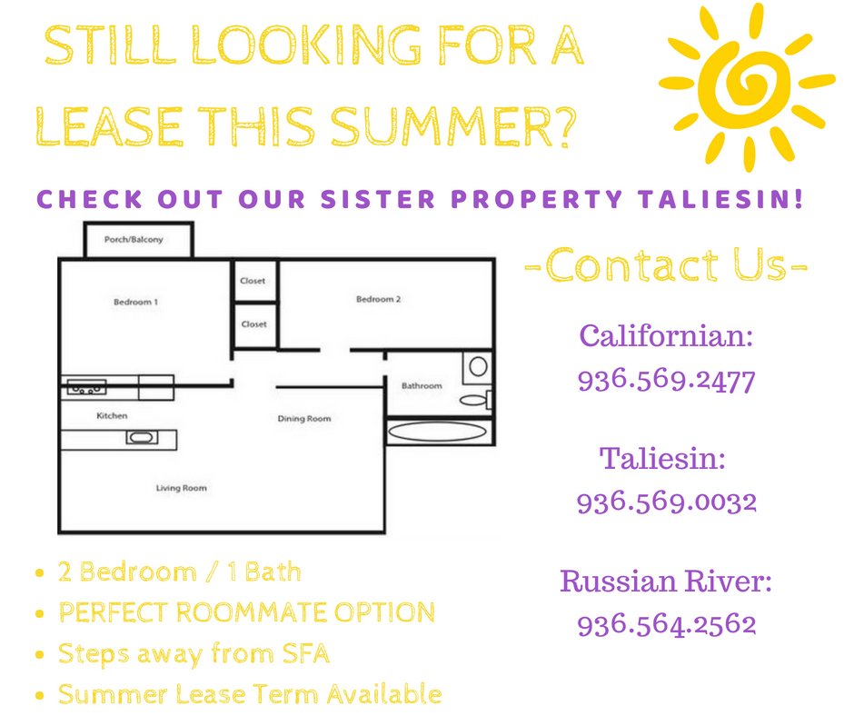 Cali_Nac's tweet photo. Our Sister Property has an available spot for the SUMMER! ☀️
Stop by &amp; Reserve this unit today, You don't want to miss out!!

The Taliesin:
1811 North St 
Nacogdoches, Tx 75965 https://t.co/vBF7oax0Cx