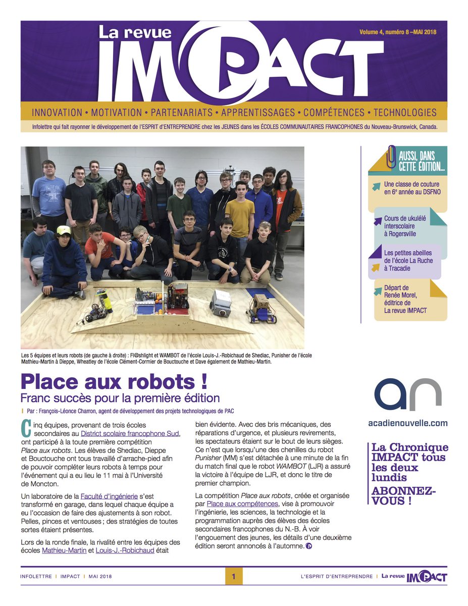 PACnb_org's tweet photo. Place aux robots! dans 3 écoles du #DSFSud @francophonesud À lire dans ce dernier numéro de La revue IMPACT 2017-2018. #PACprojet @PACtechno #robotique #nbed #acadie @LJR_Patriotes
https://t.co/bzO5e7CQq9 https://t.co/Yr8C7DaYPJ