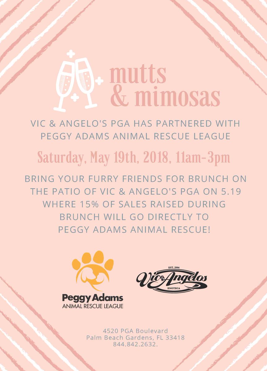 PeggyAdamsARL's tweet photo. Join us THIS Saturday, May 19th, from 11:00 AM - 3:00 PM for Mutts & Mimosas at Vic & Angelo's PGA! Bring your furry friend to enjoy brunch on the patio and support Peggy Adams too! #peggyadams #vicaandangelos #muttsandmimosas #givebackevent https://t.co/oPgGfRfB9E