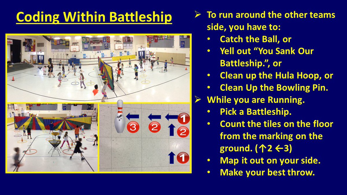 RHEPE1's tweet image. Coding within the game of Battleship. Ss are playing Battleship. When they are running around the others teams side they are mapping out the location of the other teams Battleships by counting the tile pieces ⬆️⬇️➡️⬅️. @LCPS_CttF #lcpscodes #pegeeks #physed