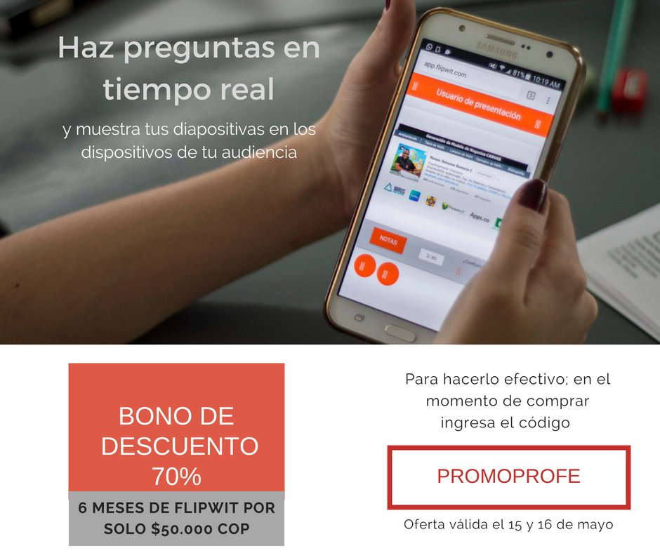 Flipwitapp's tweet photo. FELIZ DIA DEL MAESTRO.    En esta fecha especial recibe un bono de descuento del 70% para adquirir una licencia semestral de Flipwit por solo $50.000 COP.   Oferta válida el 15 y 16 de mayo de 2018. 

https://t.co/20uUxmmSUJ https://t.co/L6oZNnY5oz