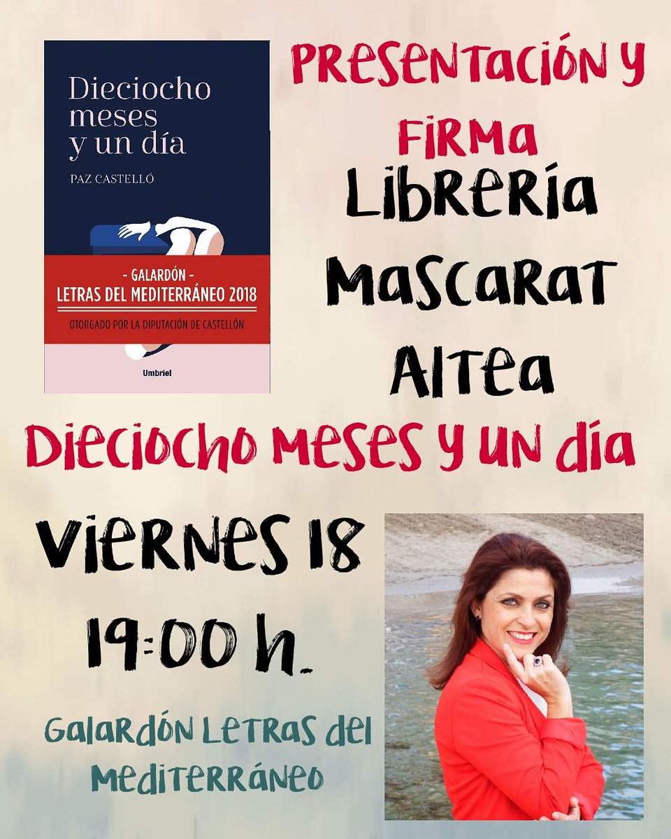 Os espero en #Altea con #Dieciochomesesyundia <a href="/Ediciones_Urano/">Ed. Urano España</a> Novela premiada con el Galardón Letras del Mediterráneo <a href="/CastellonLdM/">Letras Mediterráneo</a> @BrunoCazalibros #Thriller #leer #novela #ViolenciaDeGenero